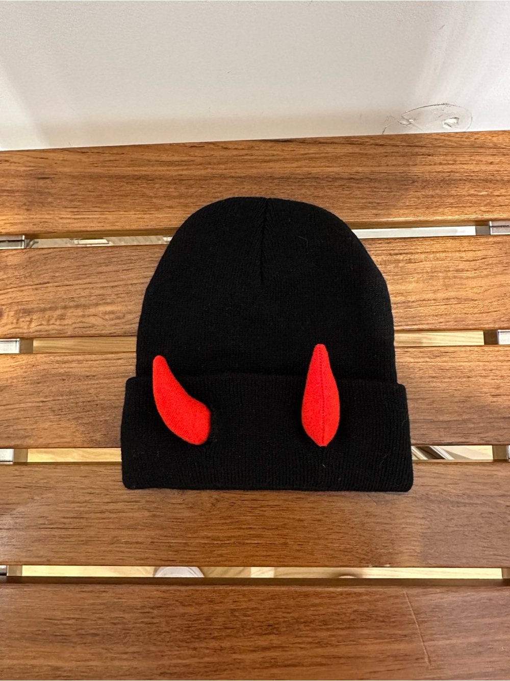 Black Beanie Hat with Red Devil Horns